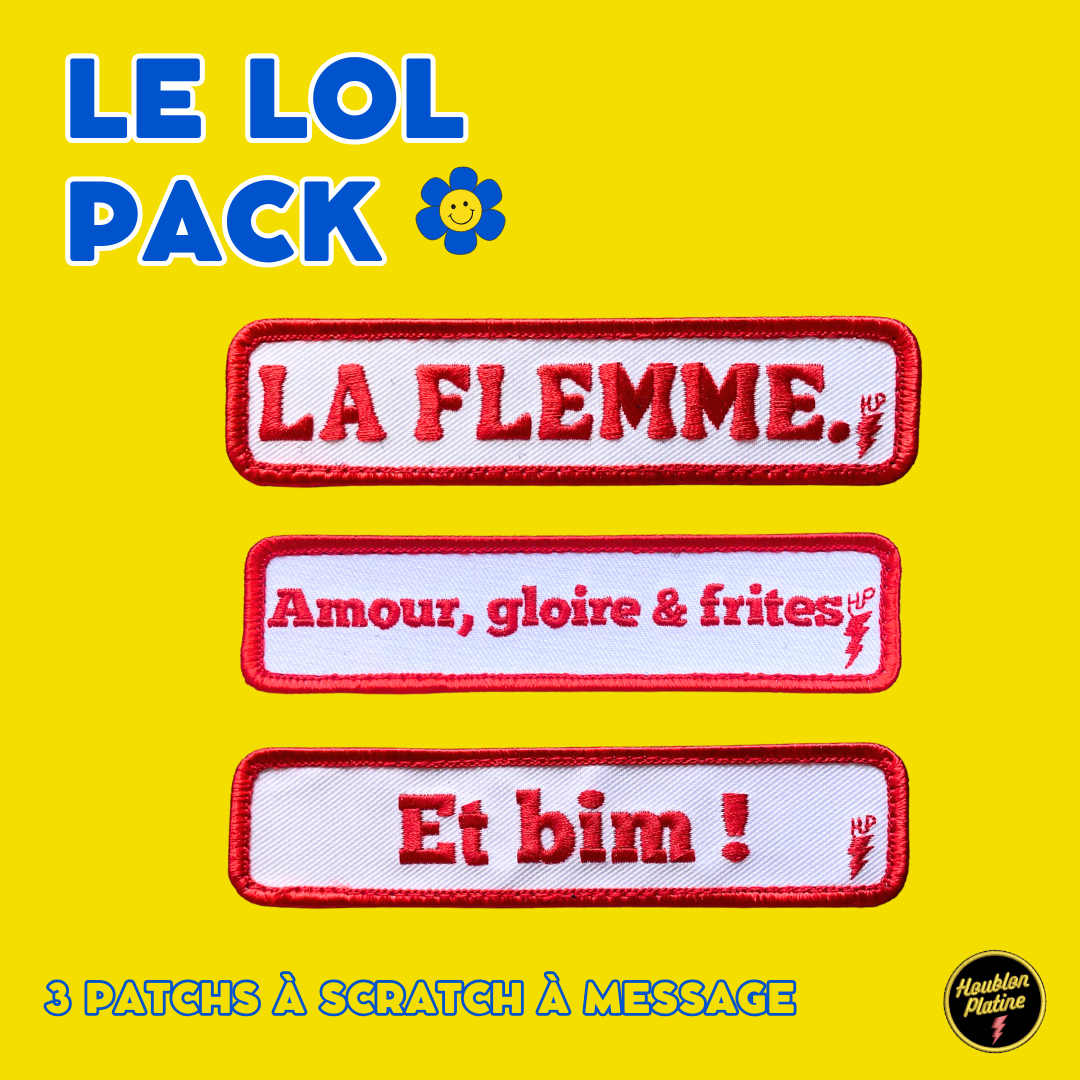 pack de patch à message et scratch Houblon Platine - La FLEMME - Amour, gloire et frites - Et bim !